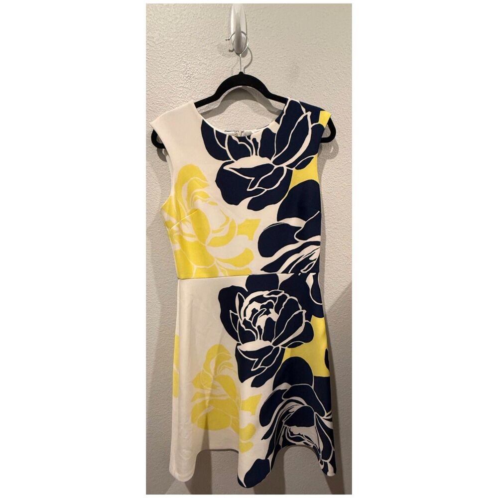 SANDRA DARREN Antique White Yellow Navy Blue Floral Mini Dress